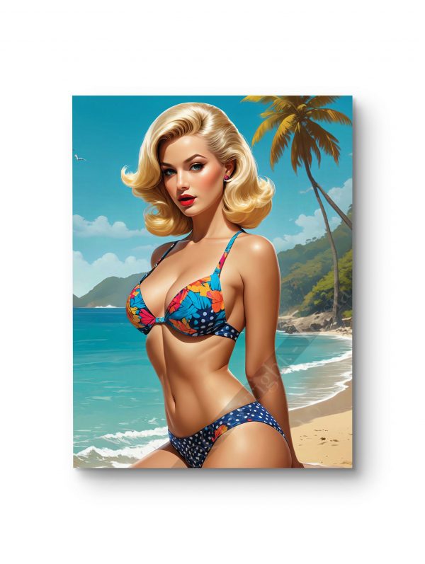 Tableau représentant une pin-up blonde au style envoûtant sur une plage paradisiaque.