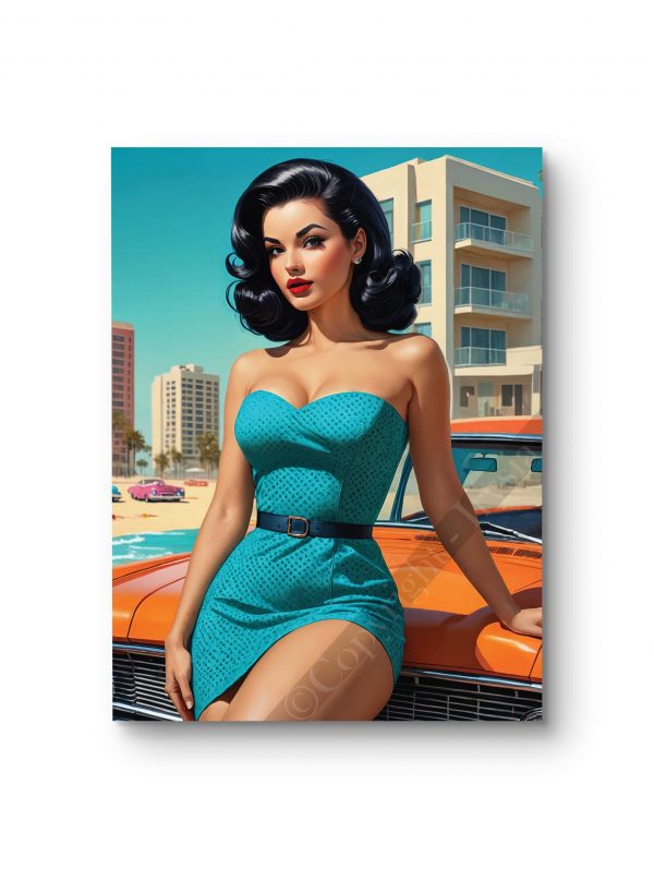 Tableau représentant une pin-up glamour posant devant une voiture rétro.