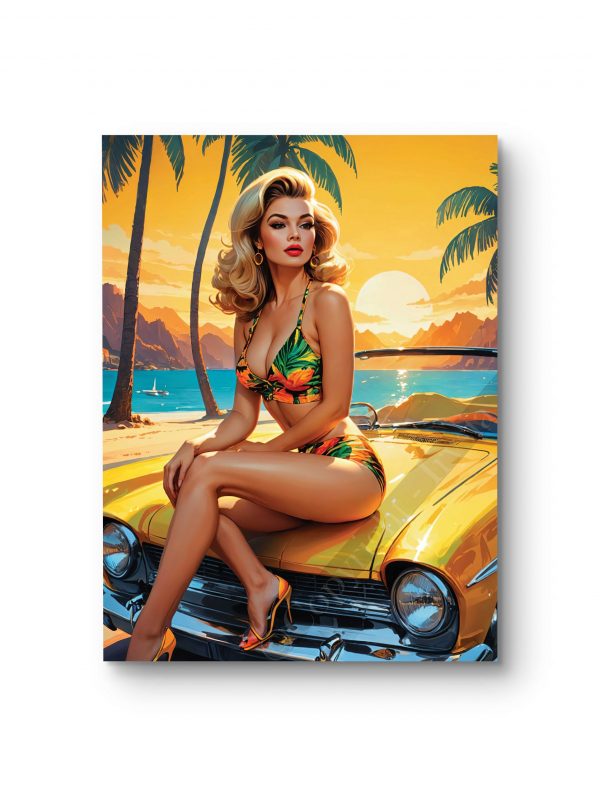 Tableau représentant une pin-up assise sur une voiture vintage sous un ciel tropical.