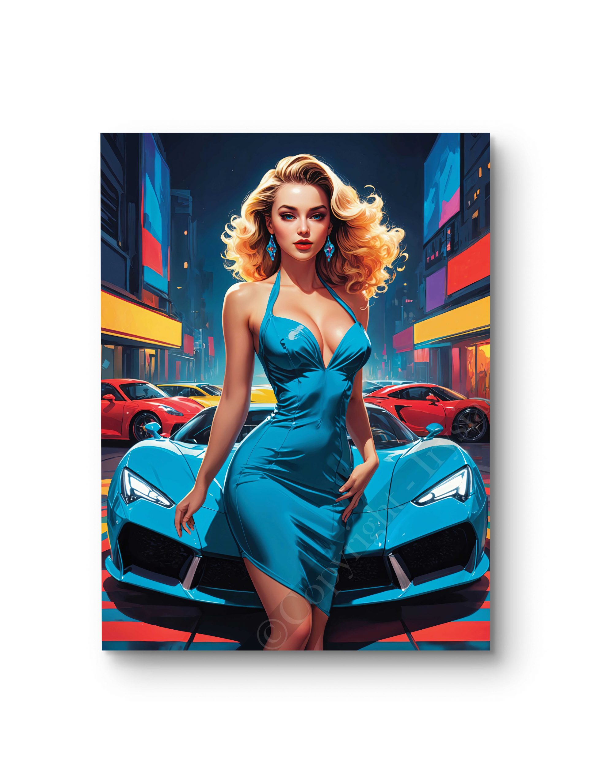 Tableau représentant une pin-up en robe bleue posant devant une voiture de luxe dans un décor urbain.