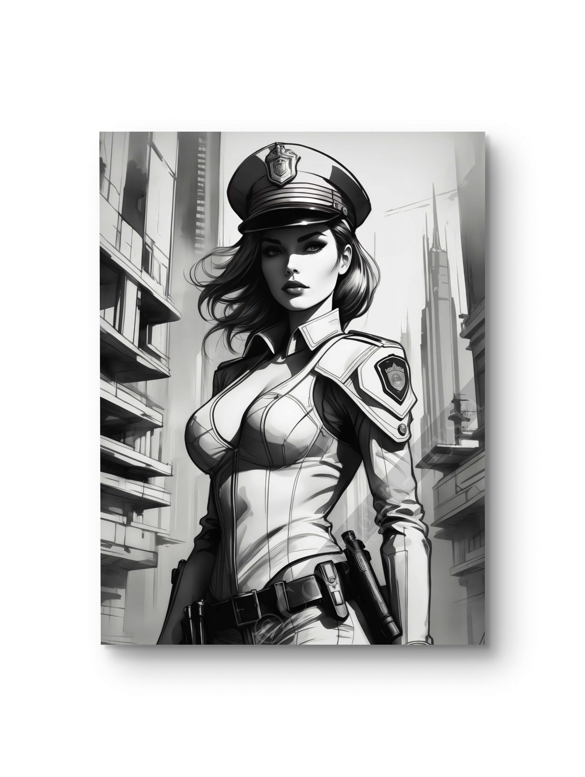 Tableau mettant en scène une policière dans une ambiance de film noir dramatique.