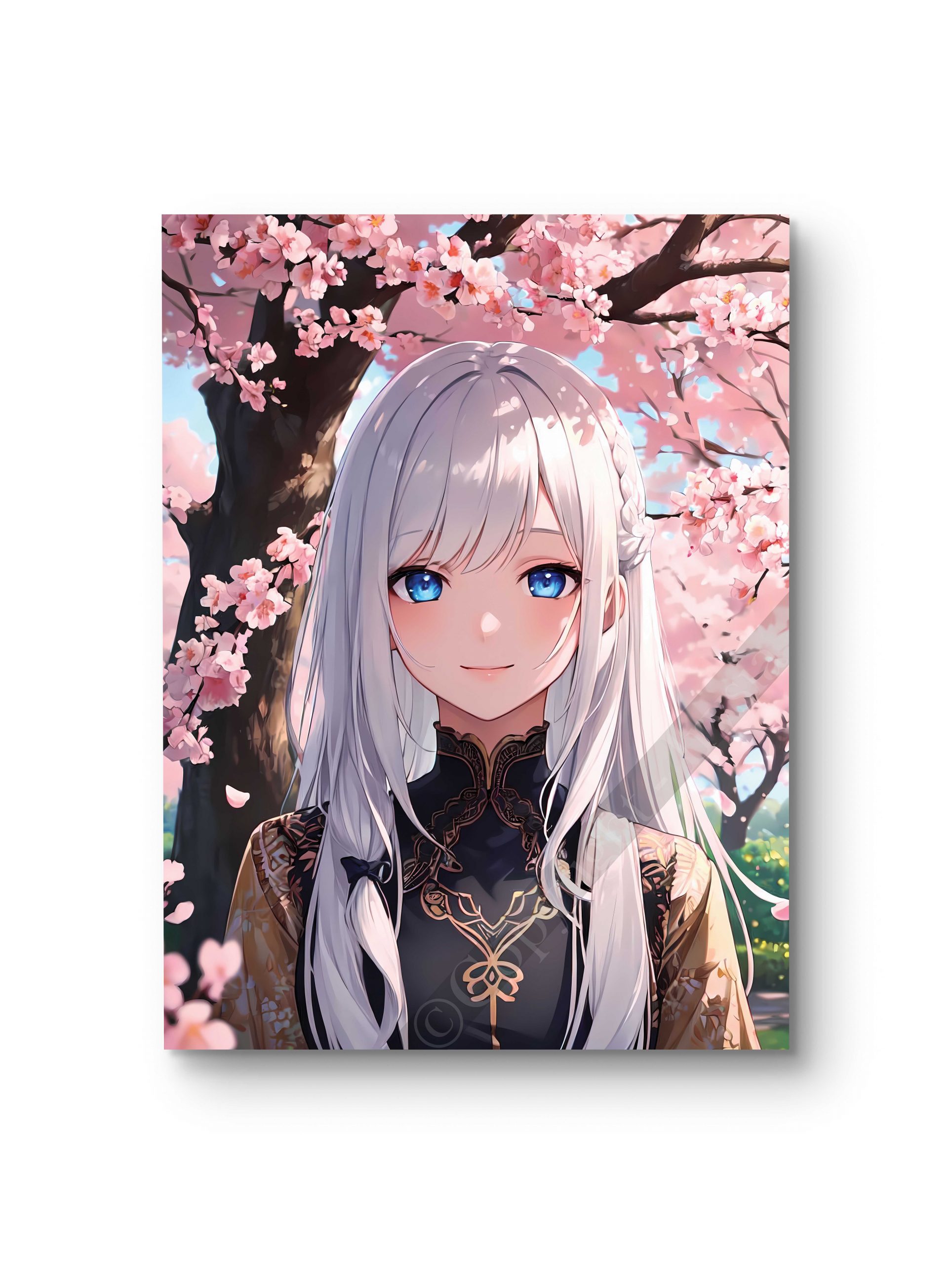 Tableau représentant un portrait féminin illustratif sous des cerisiers en fleurs