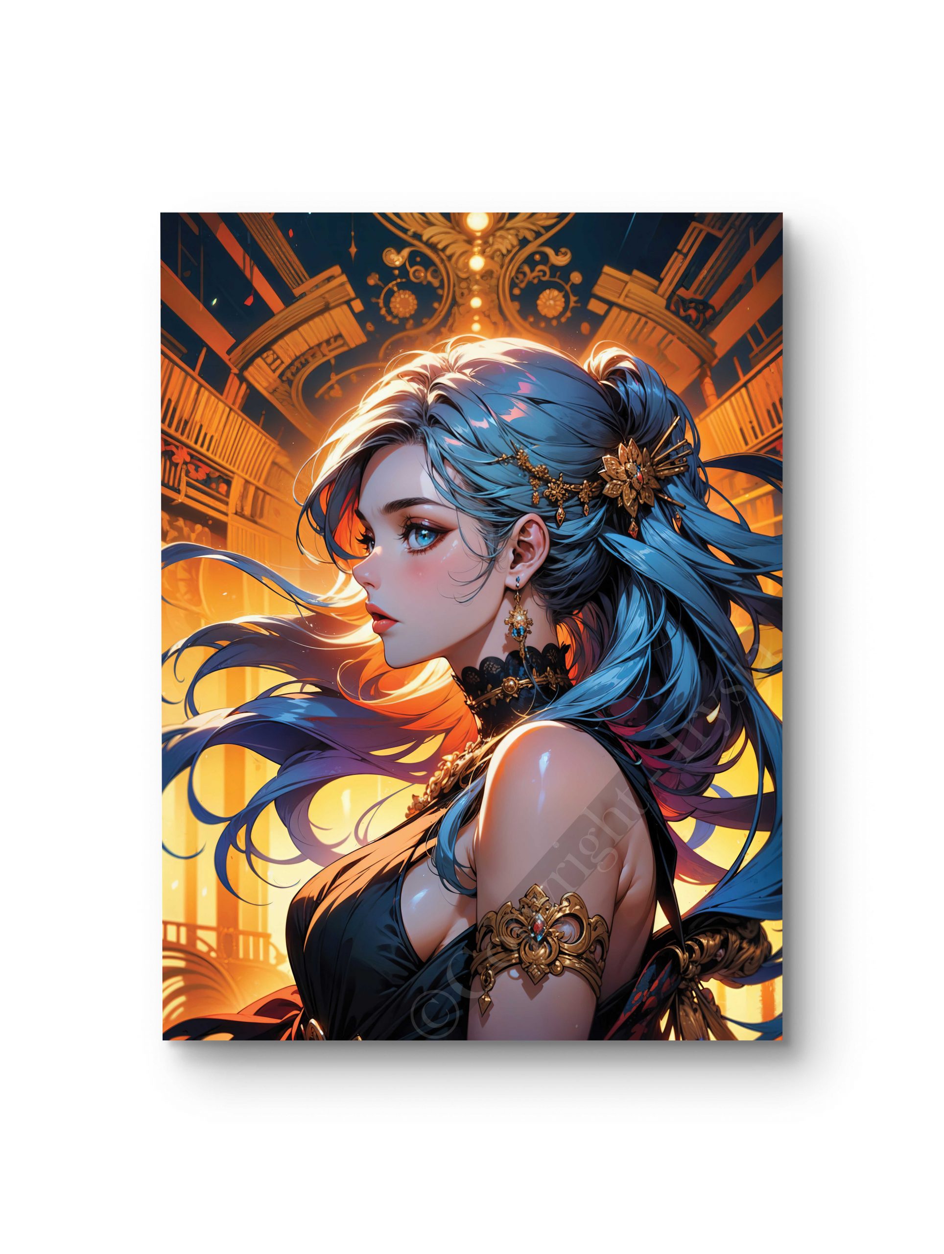 Tableau représentant une femme au regard intense dans un décor bleu et doré