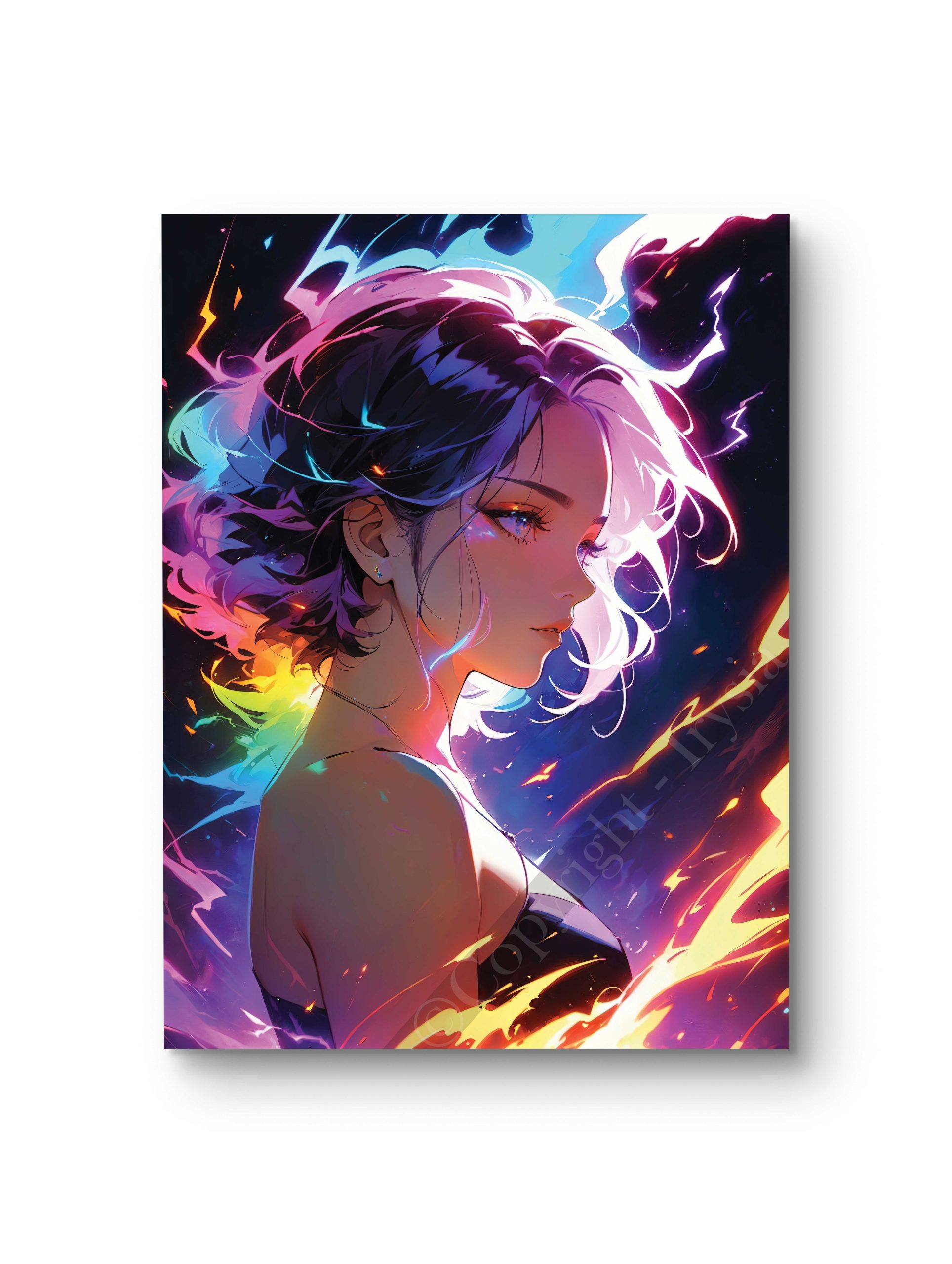 Tableau représentant un portrait féminin illuminé par des lumières néon colorées