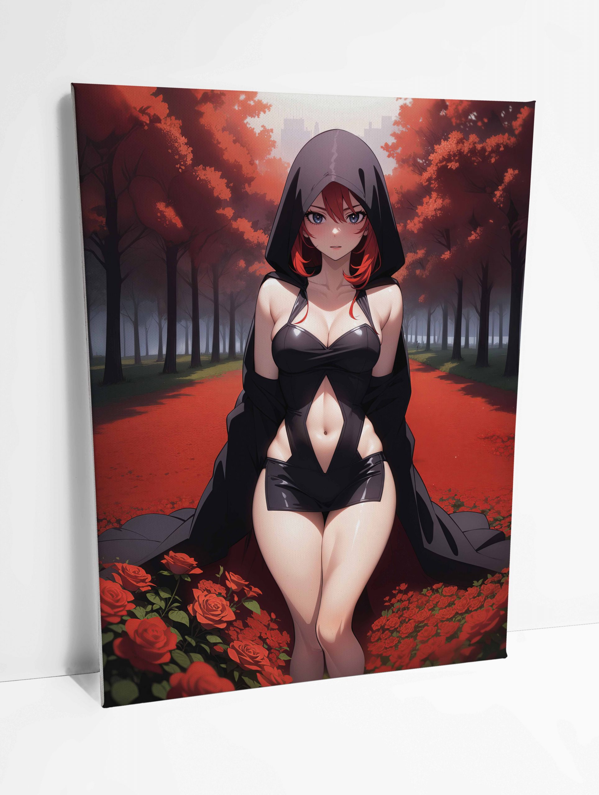Tableau sur toile en style anime représentant une prêtresse avançant sur un chemin de roses éclatantes.