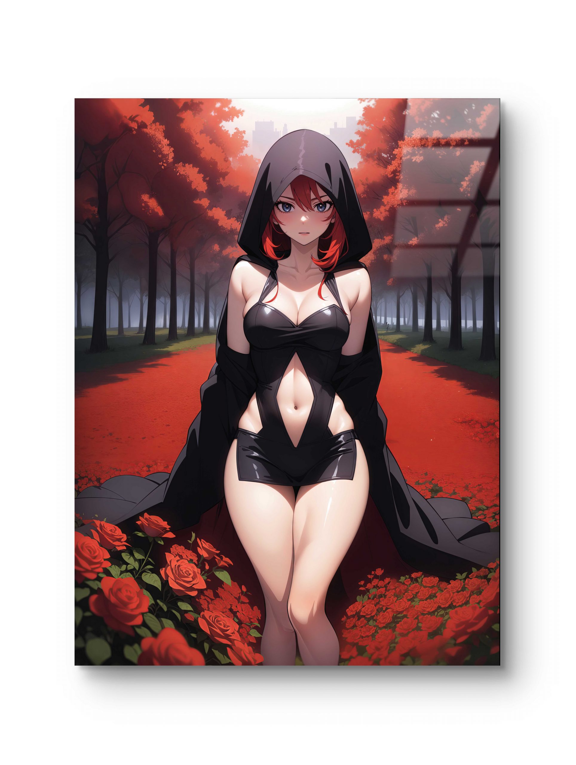 Tableau sur verre en style anime représentant une prêtresse avançant sur un chemin de roses éclatantes.