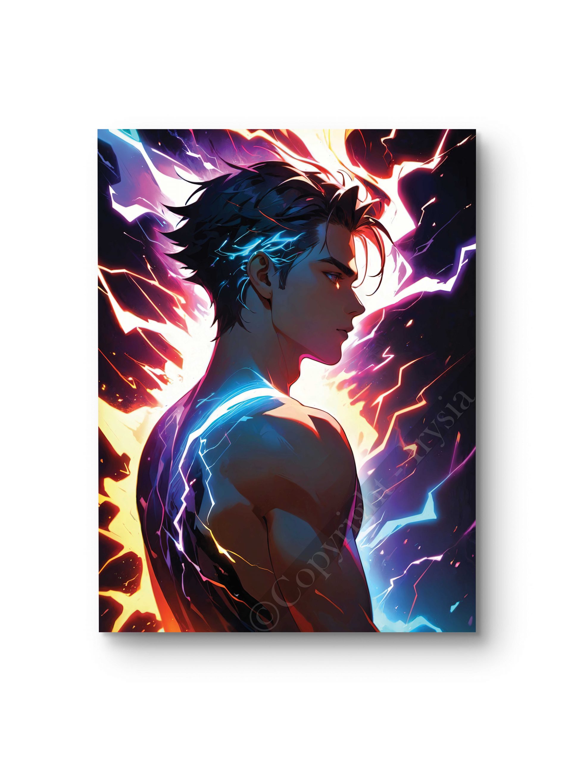 Tableau représentant un homme entouré d’éclairs, illustrant puissance et intensité dans un style moderne.
