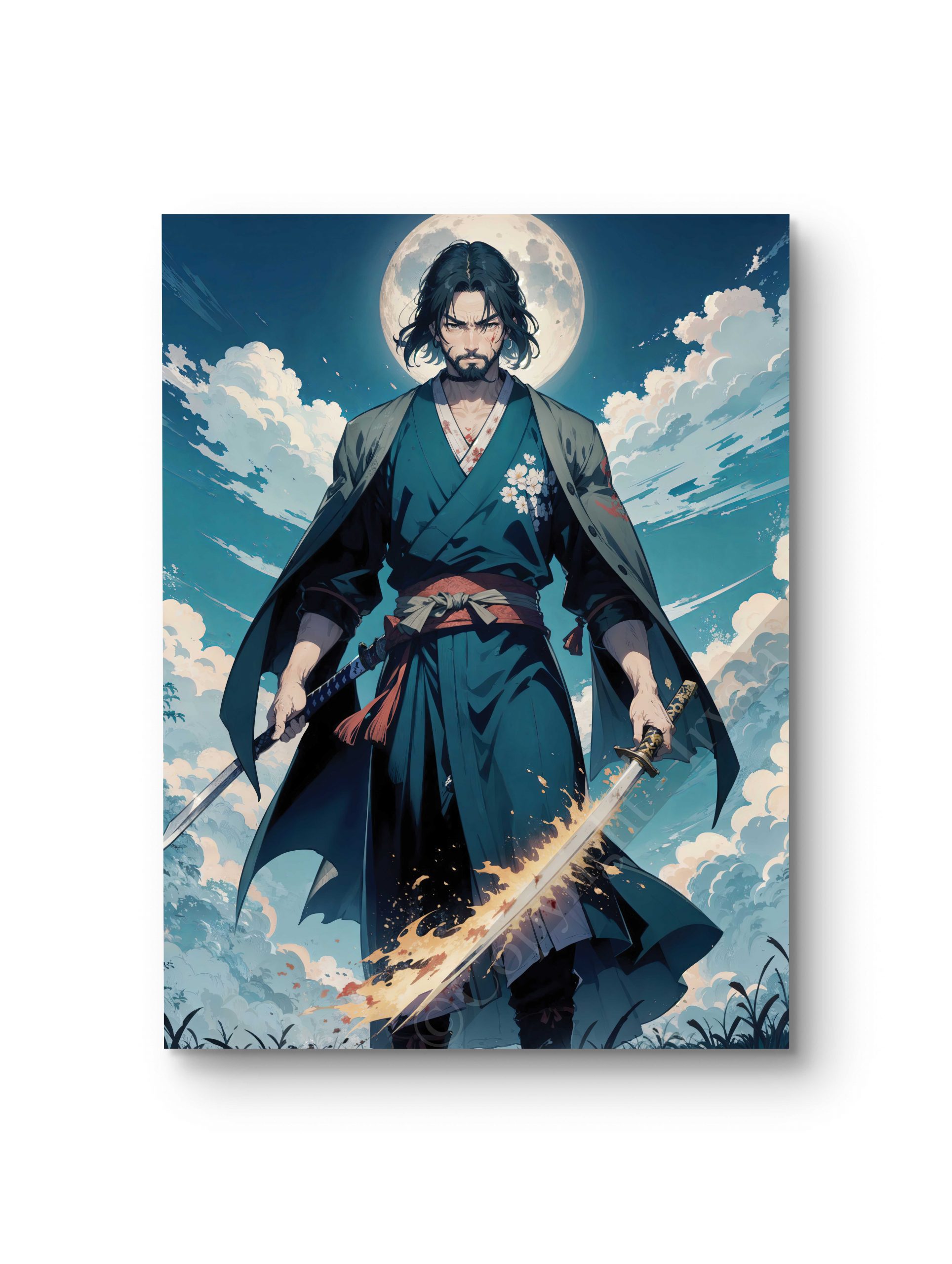 Tableau représentant un samouraï sous une pleine lune, tenant un katana enflammé.