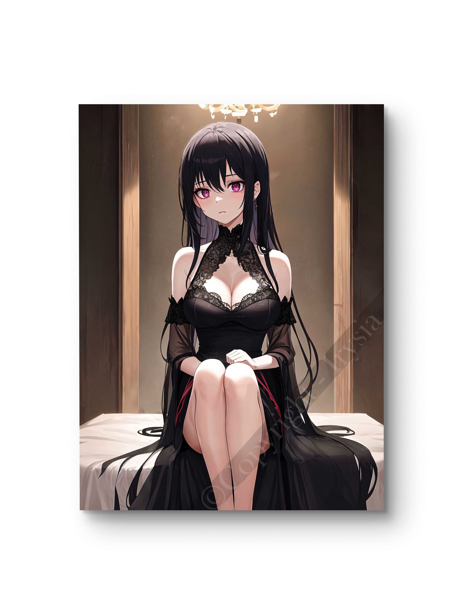 Tableau en style anime illustrant une femme en robe noire posant sous une lumière tamisée.