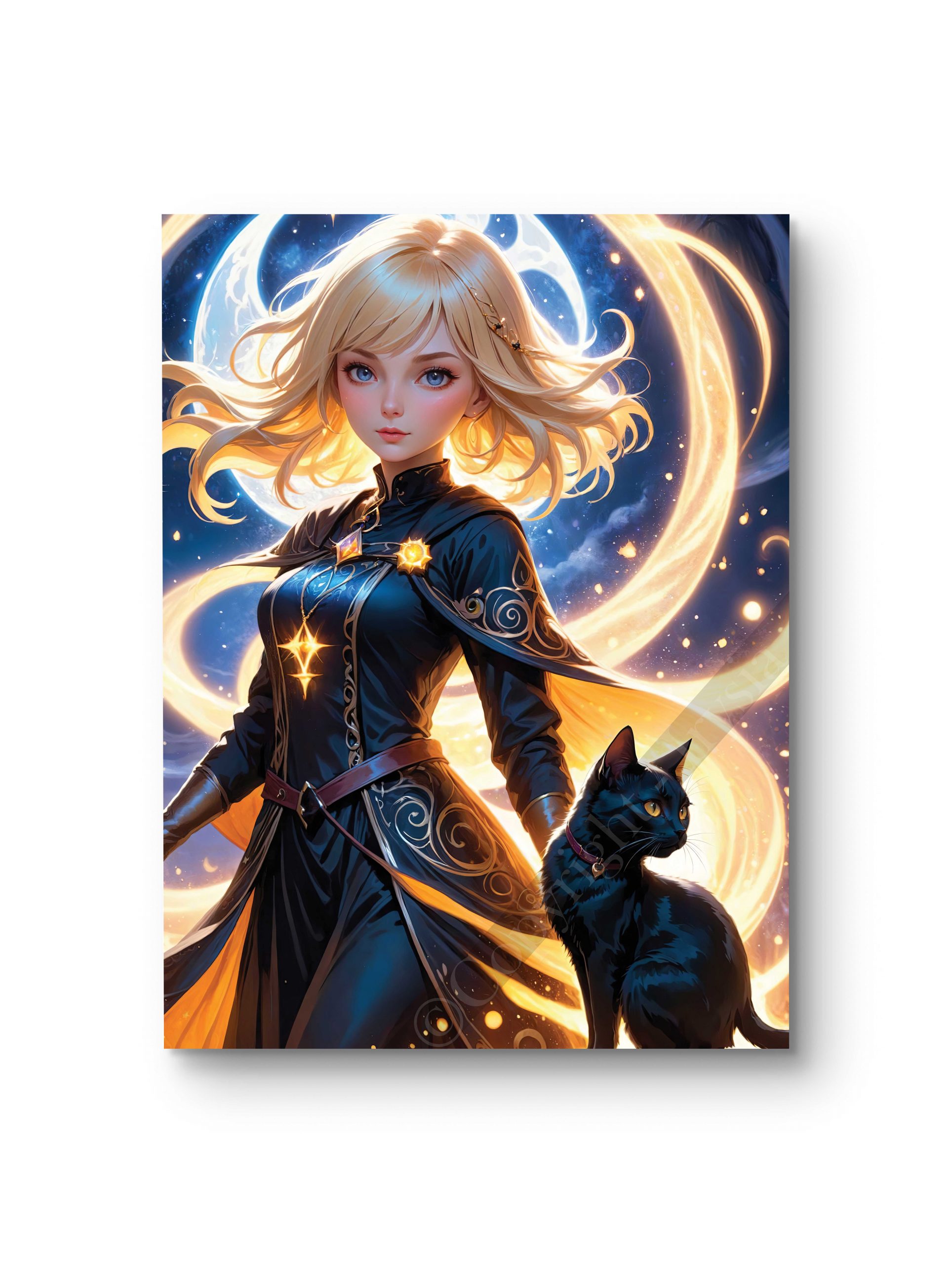 Tableau en style anime représentant une sorcière dorée accompagnée d’un chat noir sous une lumière mystique.