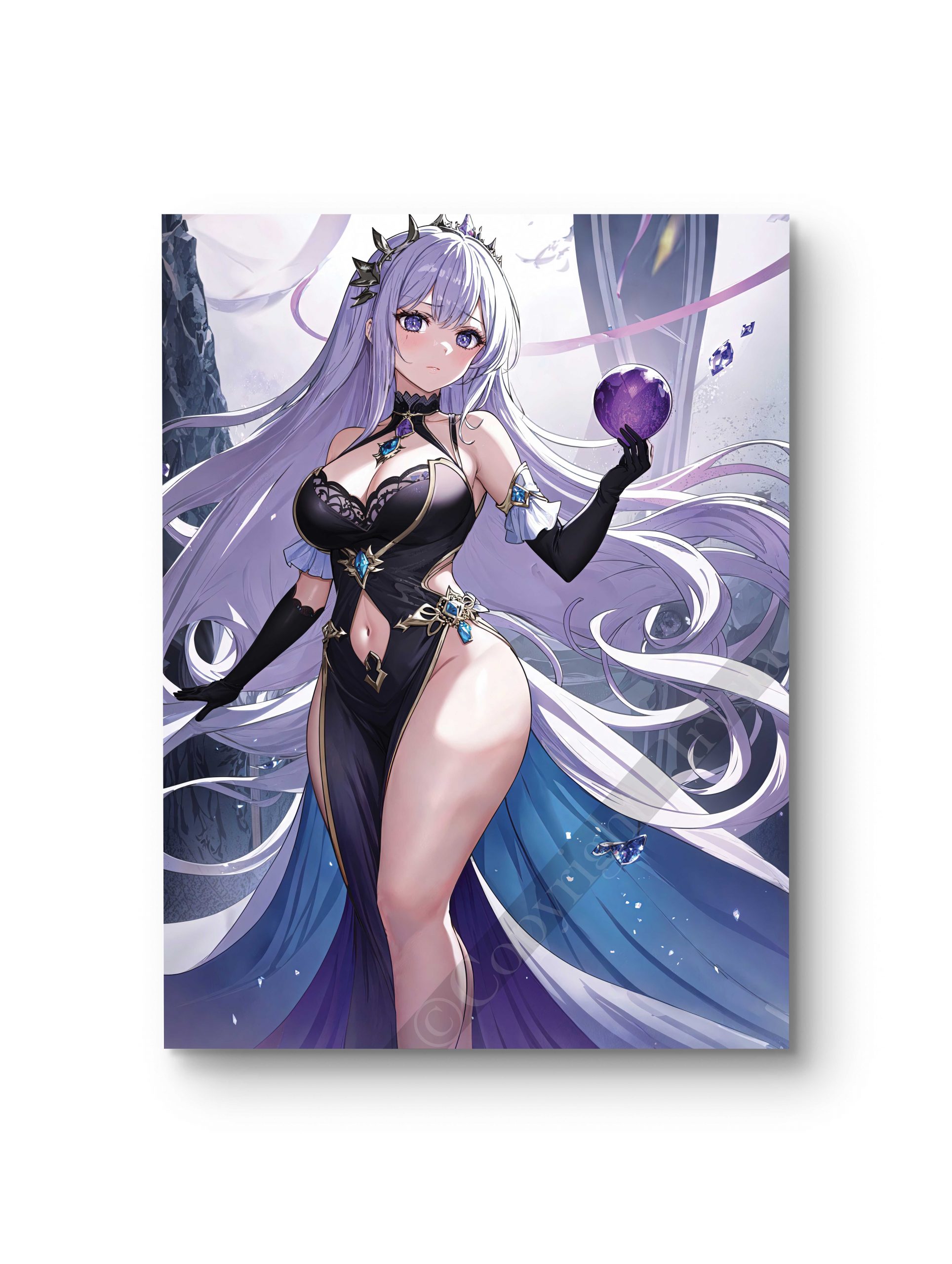 Tableau en style anime représentant une sorcière aux longs cheveux argentés tenant un orbe d’énergie.