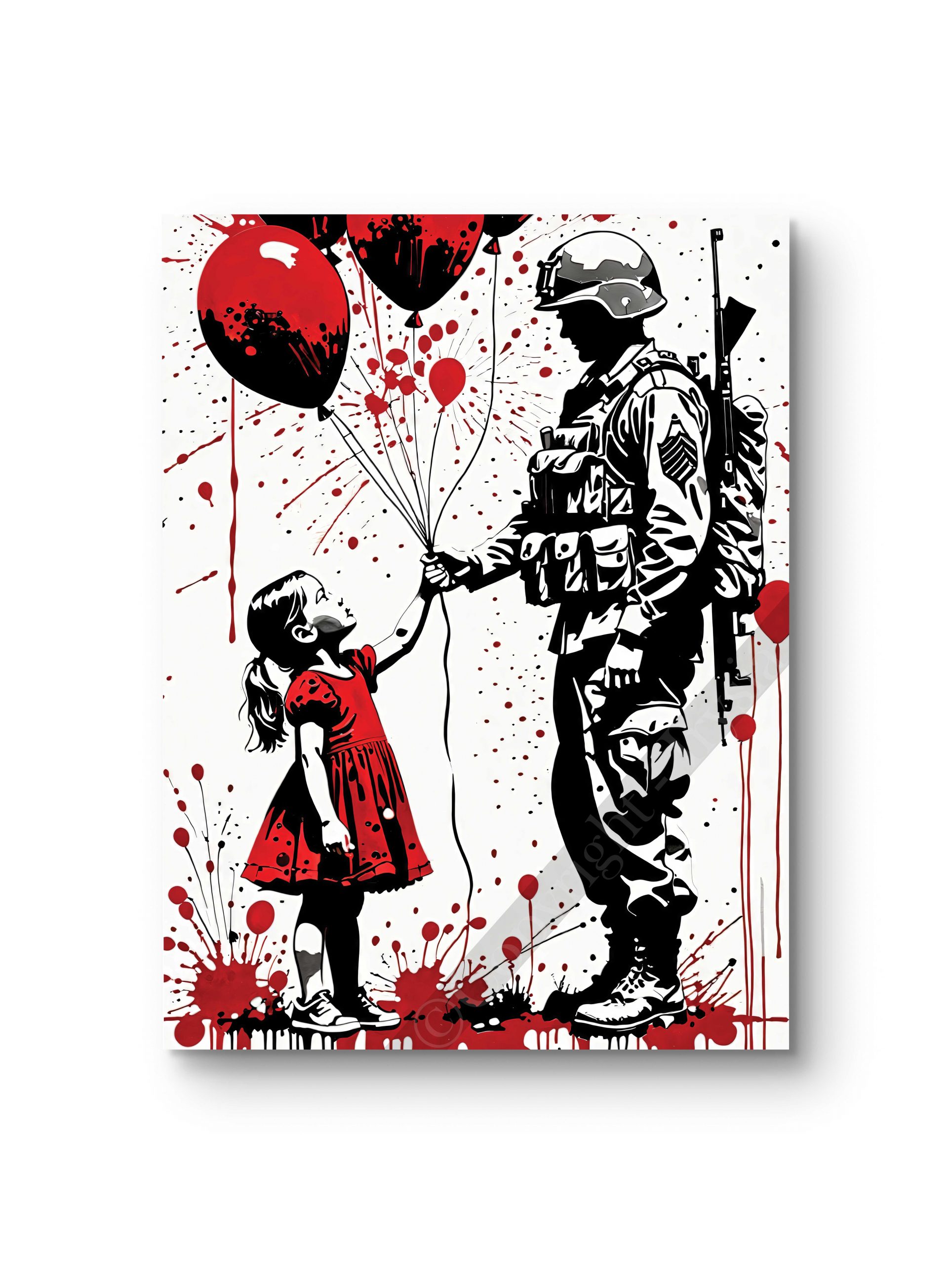 Tableau représentant un soldat tendant un ballon à une petite fille, dans un style street art percutant.