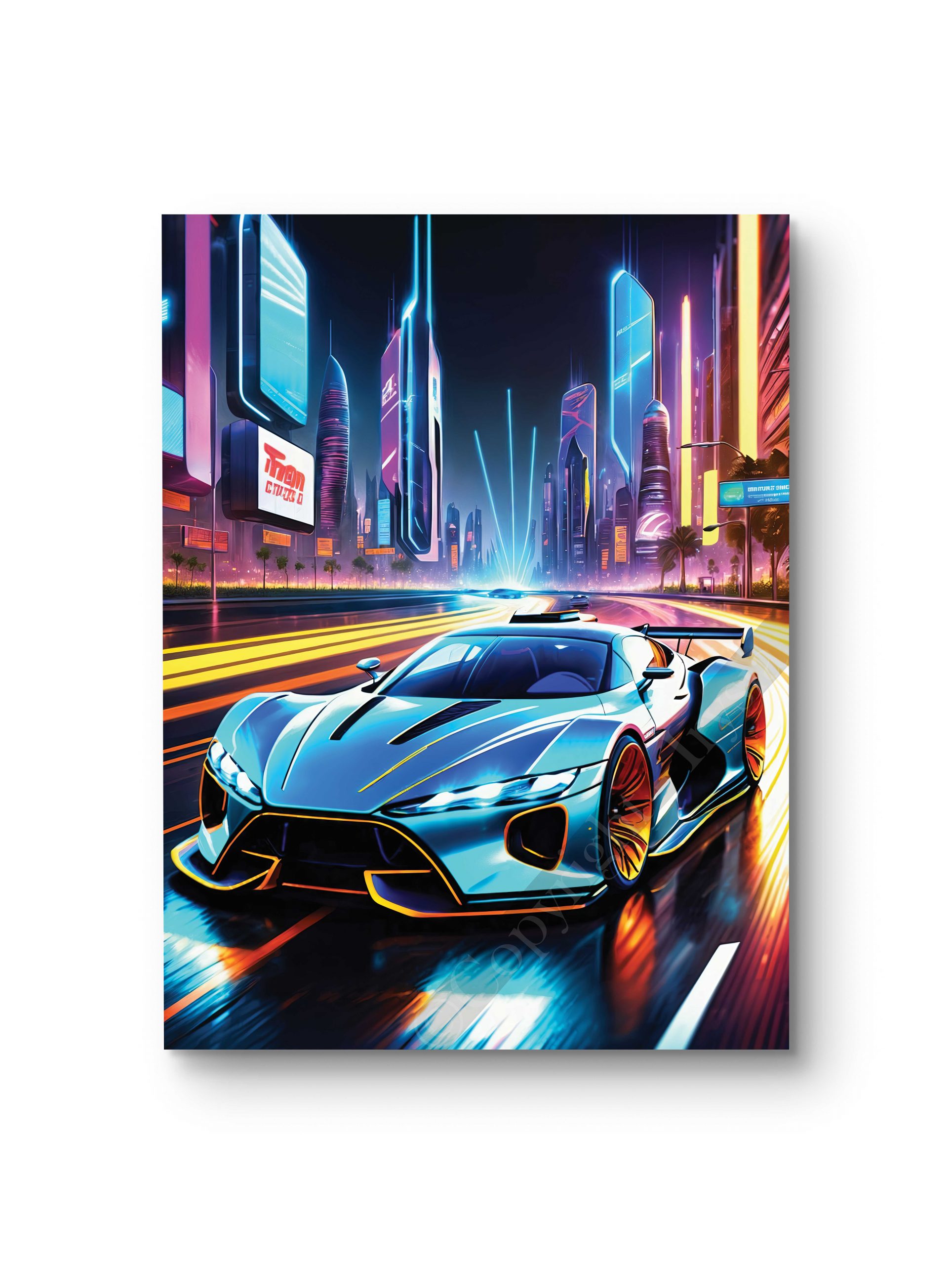 Tableau représentant une supercar futuriste roulant à vive allure dans une ville cyberpunk lumineuse.
