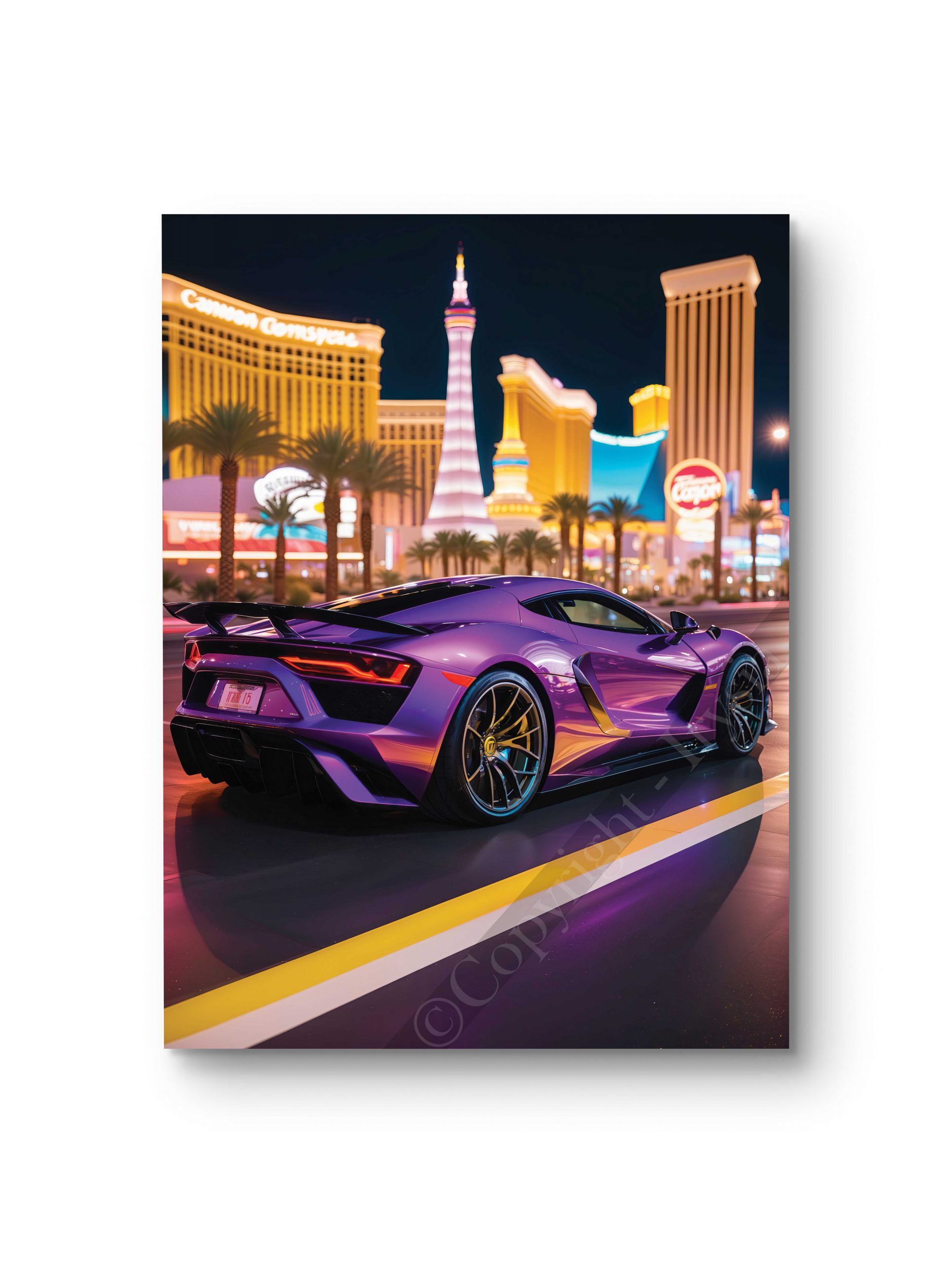 Tableau représentant une supercar violette roulant à Las Vegas, entourée des lumières scintillantes de la ville.