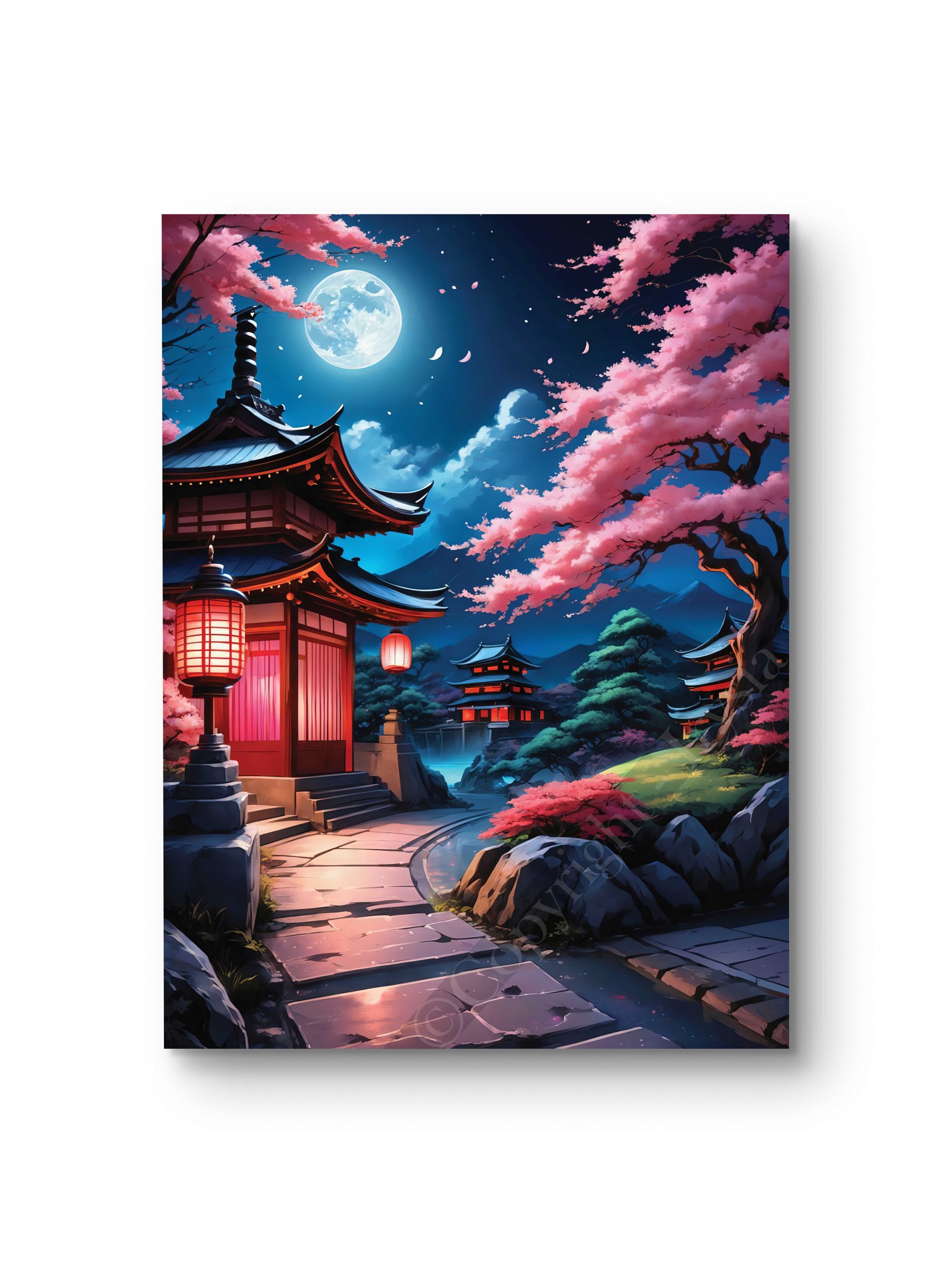 Tableau représentant un temple japonais sous un ciel étoilé, illuminé par la lune.