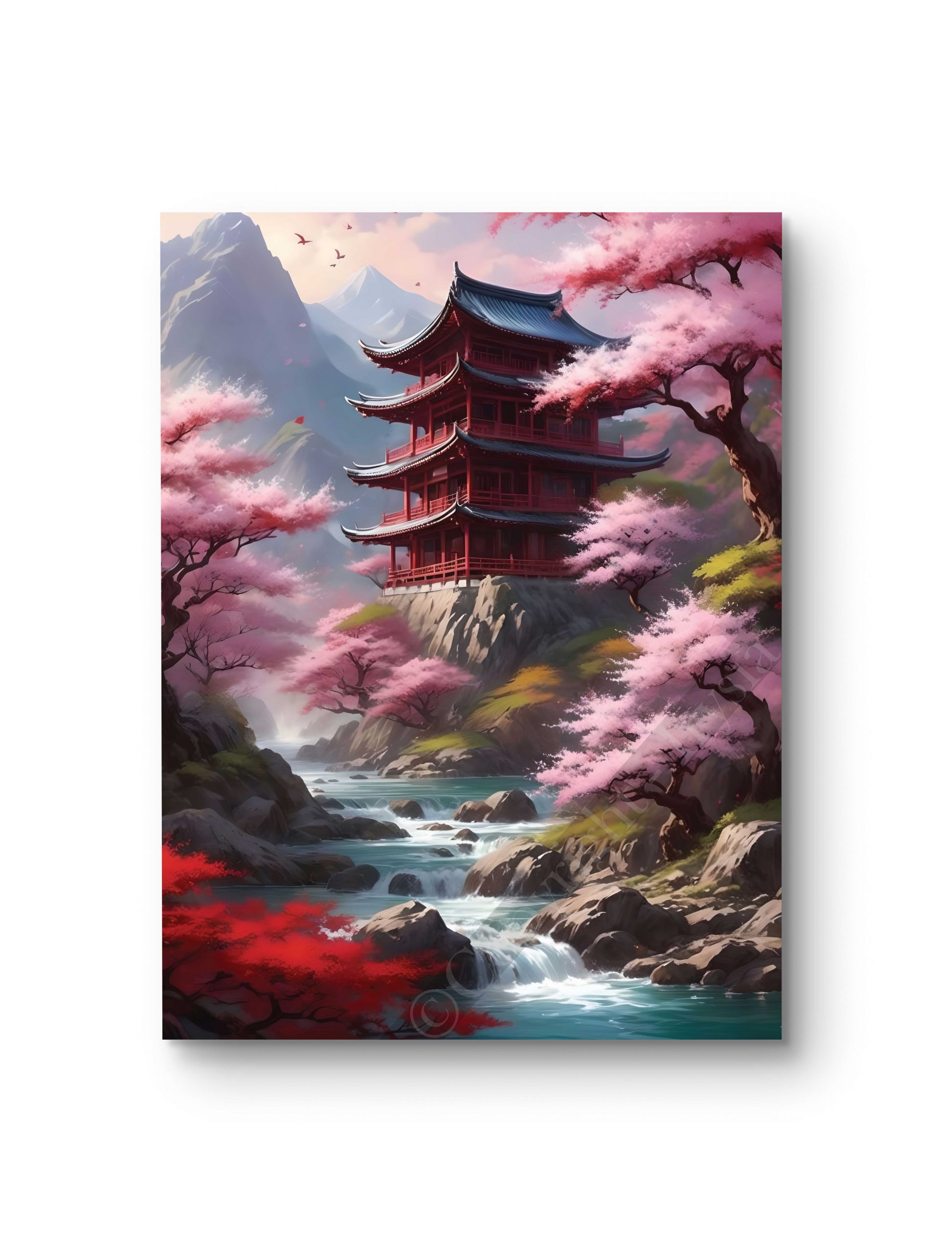 Tableau représentant un temple japonais entouré de cerisiers en fleurs.