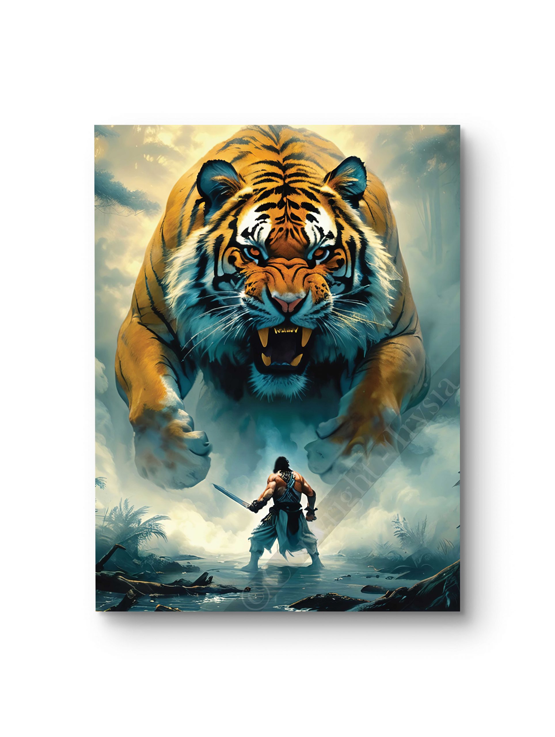 Tableau représentant un tigre féroce avançant avec un guerrier intrépide en arrière-plan