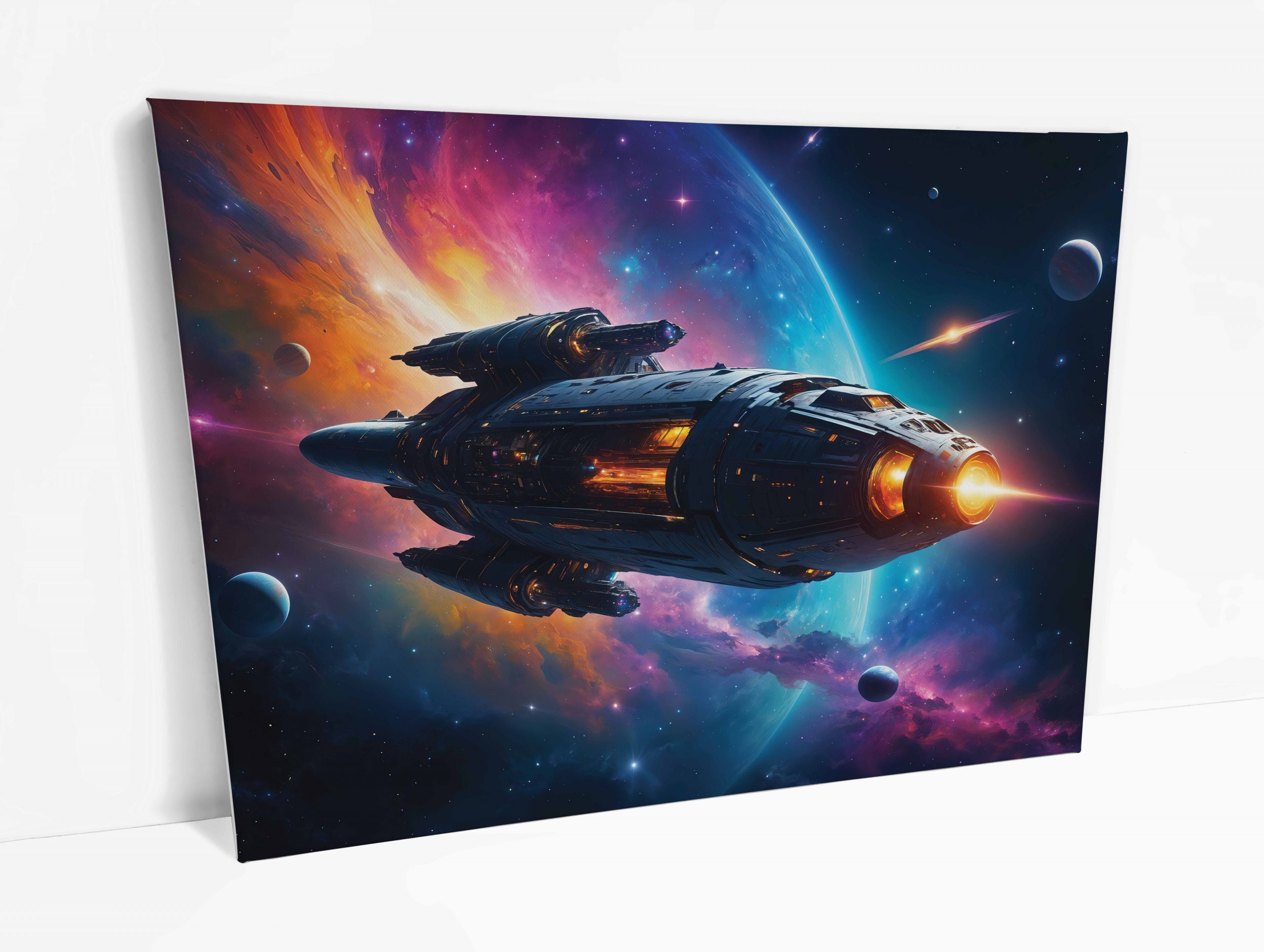 Tableau sur toile représentant un vaisseau spatial futuriste traversant l’espace, illuminé par des nébuleuses colorées.