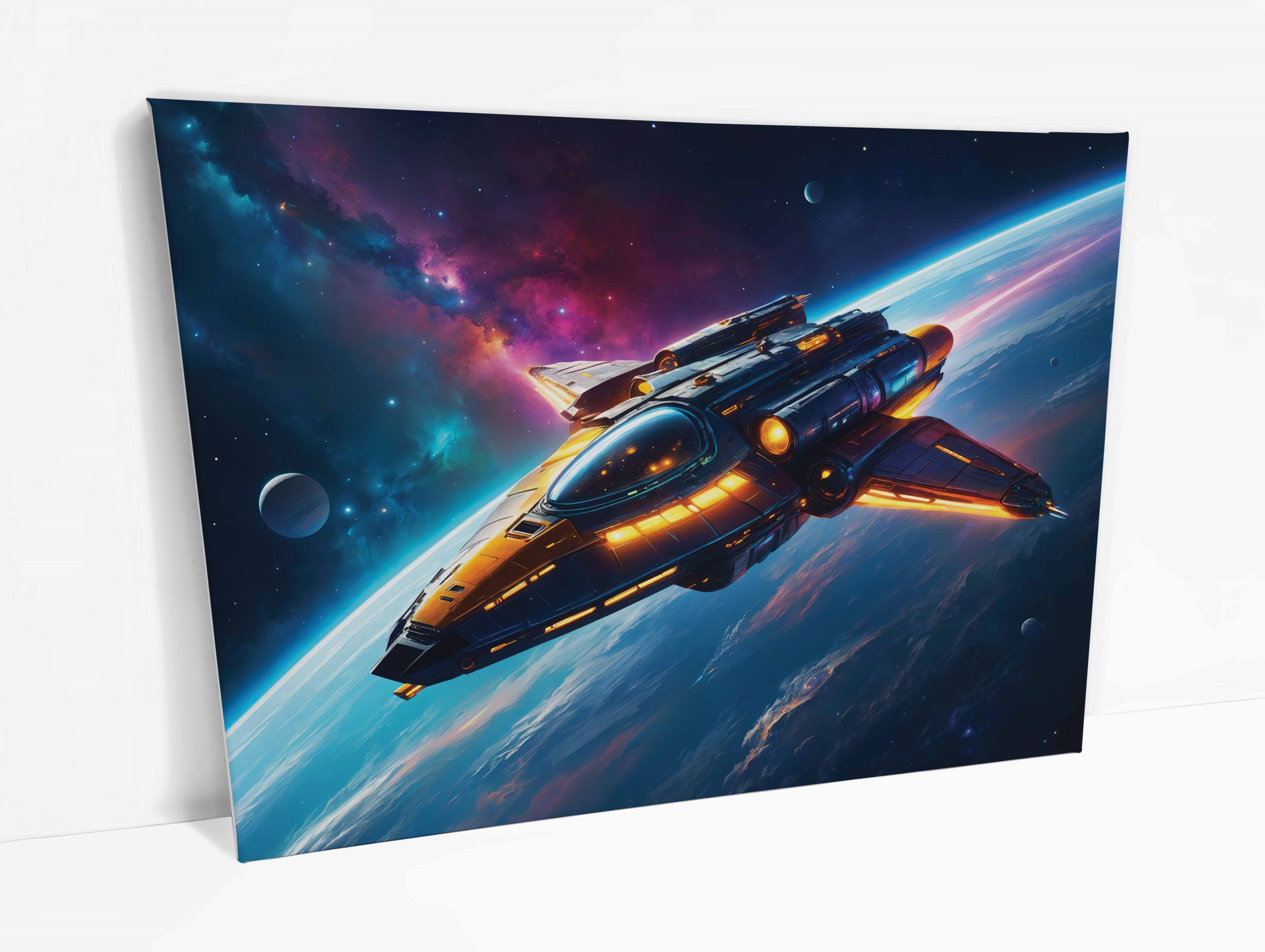 Tableau sur toile représentant un vaisseau spatial futuriste traversant une galaxie lumineuse, prêt pour une mission interstellaire.