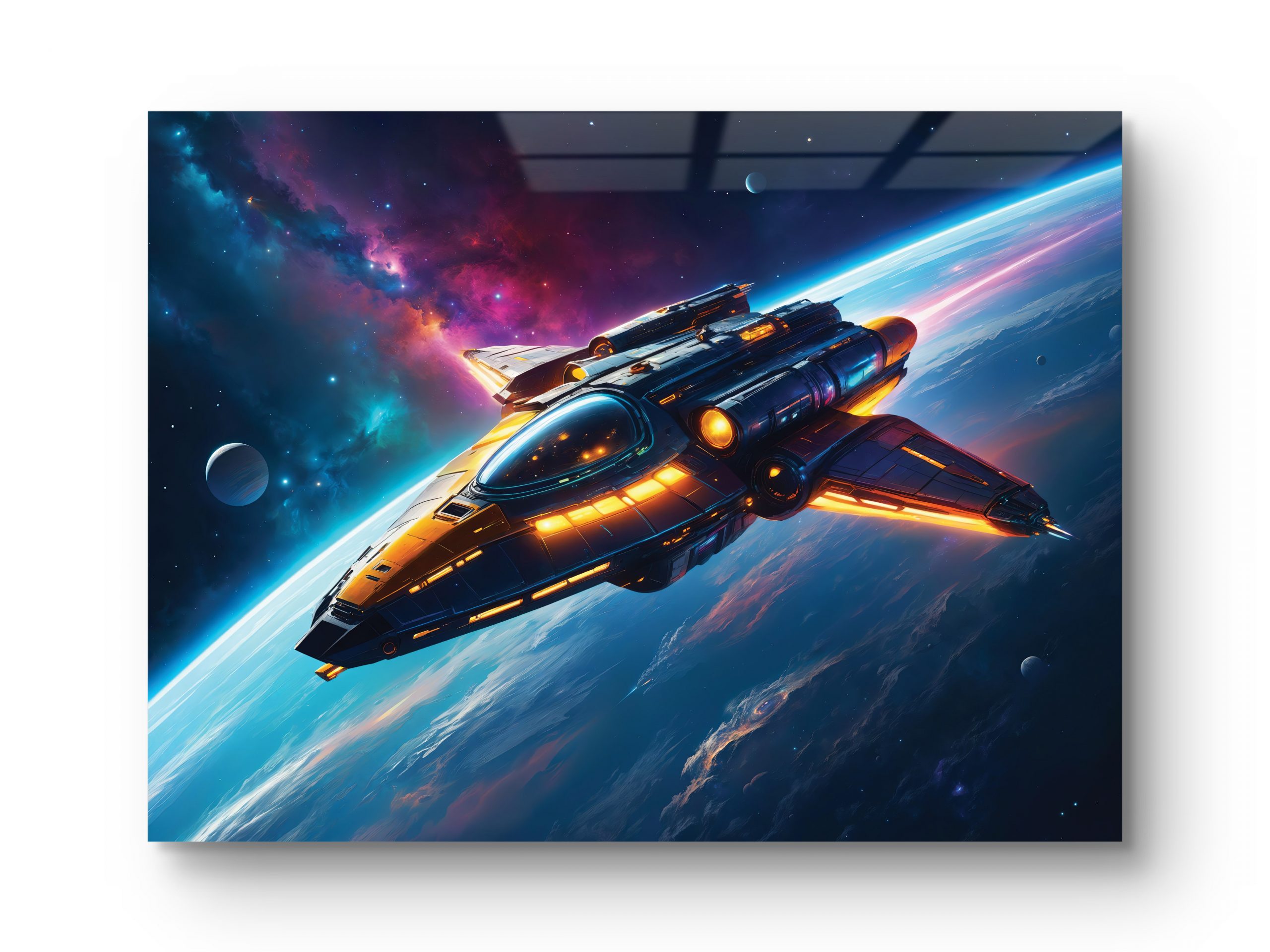 Tableau sur verre représentant un vaisseau spatial futuriste traversant une galaxie lumineuse, prêt pour une mission interstellaire.