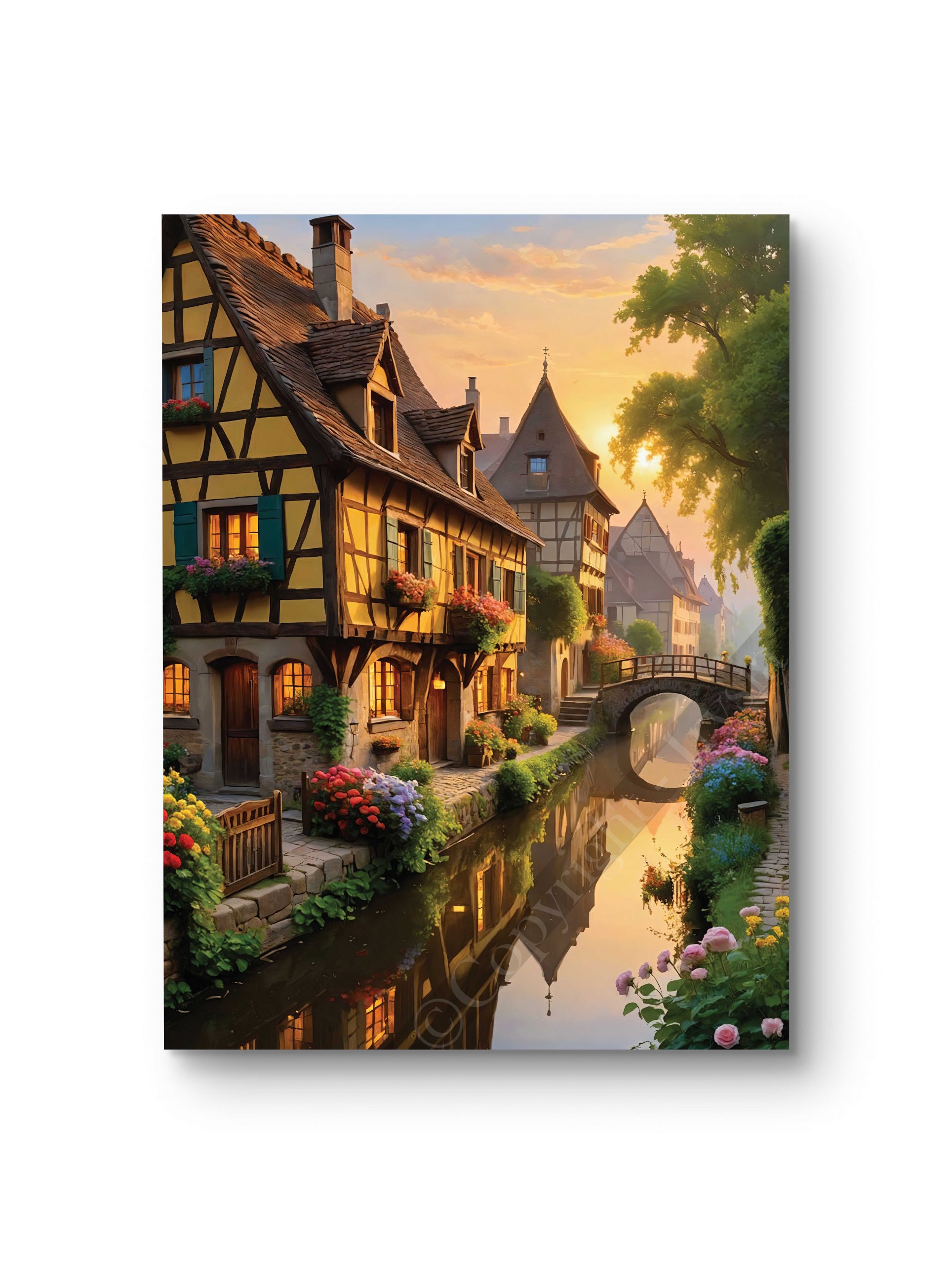 Tableau représentant un village alsacien bordé par un canal paisible