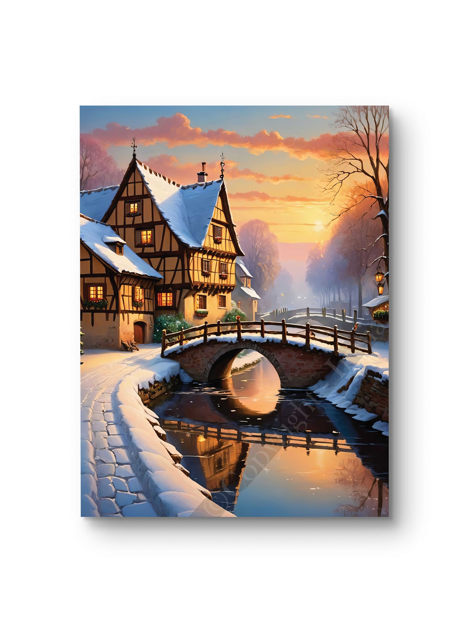 Tableau représentant un village enneigé au coucher du soleil, avec un pont et des maisons à colombages.