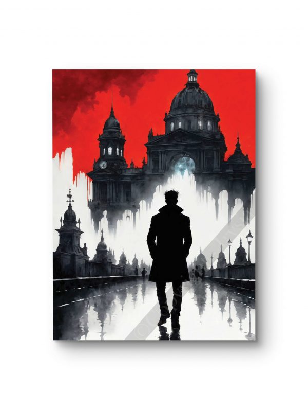 Tableau représentant un personnage mystérieux face à une ville gothique baignée de lumières.