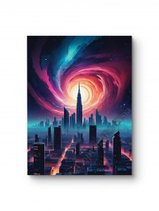 Tableau représentant une ville futuriste sous un vortex lumineux, avec des teintes rouges et bleues éclatantes.