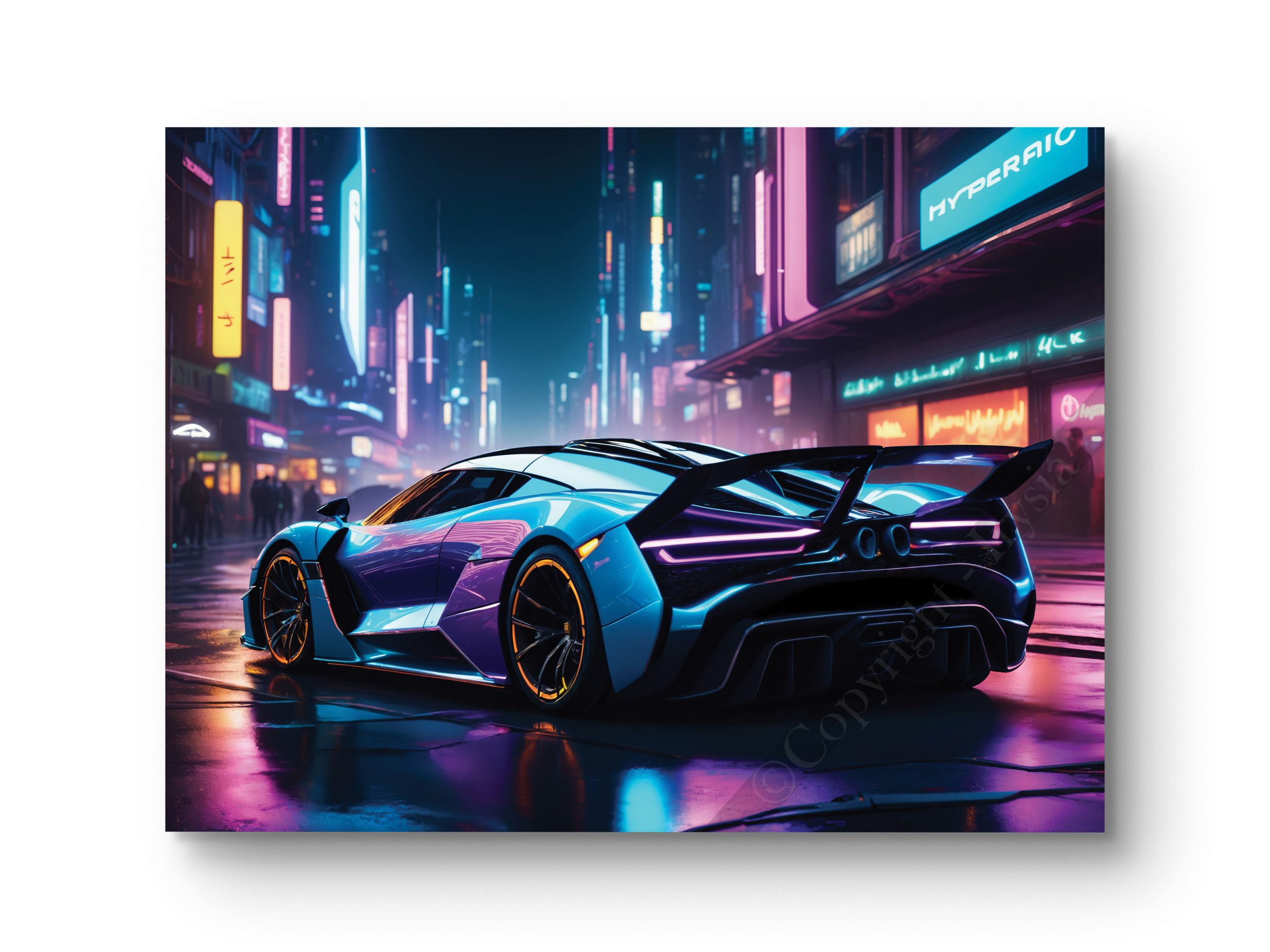 Tableau représentant une voiture de sport sous les lumières néon d’une ville cyberpunk.