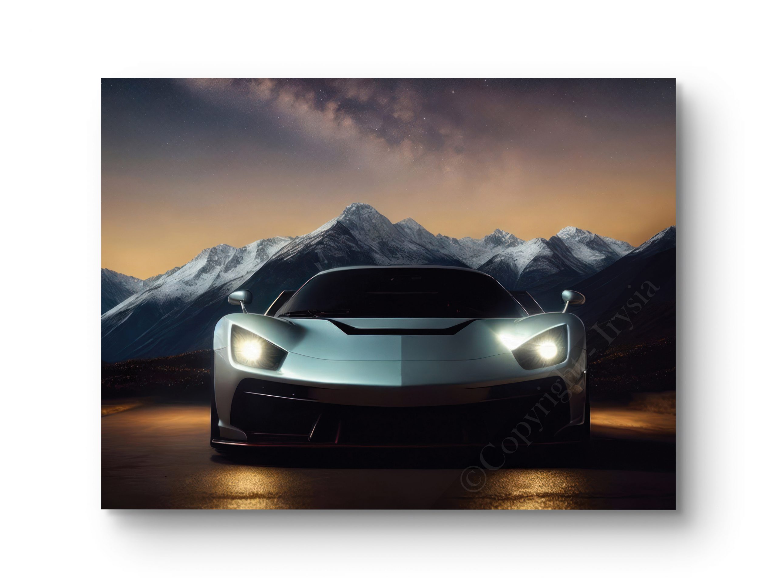 Tableau représentant une voiture de luxe sous un ciel étoilé avec des reflets captivants.