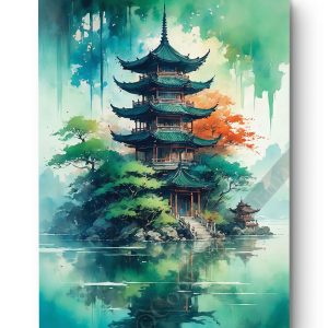Tableau Pagode d'aquarelle verte